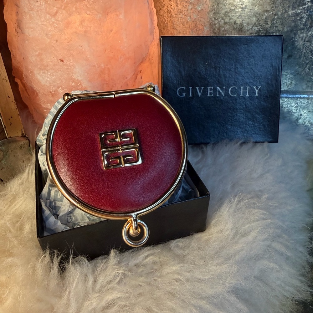 Givenchy Vintage Bordeaux Leather Round Coin Purse / Wallet with Gold Hardware